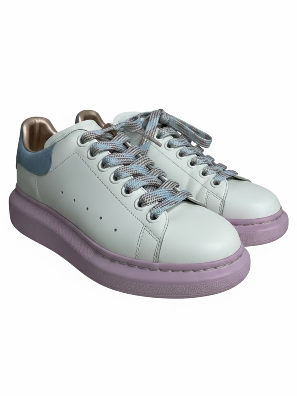 Alexander McQueen White Leather Sneakers with Pastel Pink Sole & Blue Heel